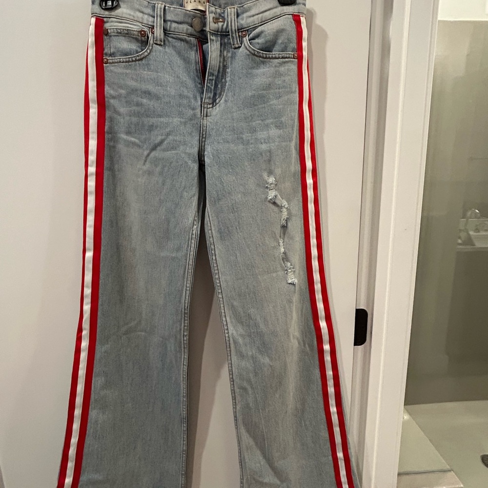 Alice + Olivia Blue Flare Jeans with Red Accents